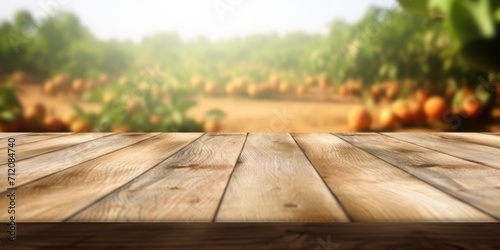 The empty wooden brown table top with blur background of farm. Exuberant image. generative AI