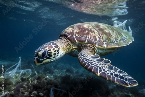 A sea turtle swimming amidst plastic waste. Generative AI © Anika