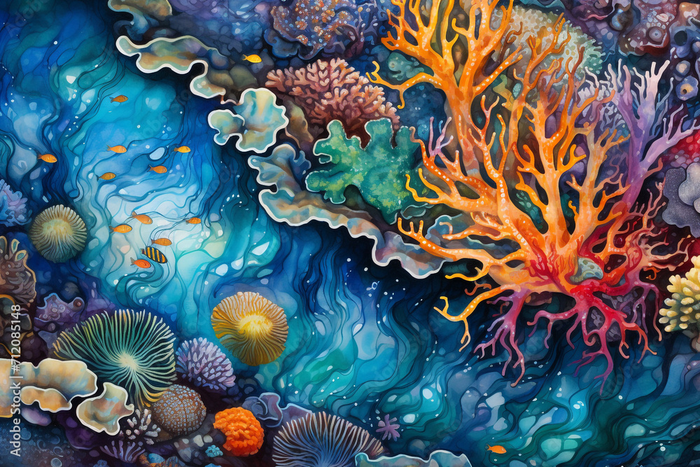 Obraz premium Nature, marine life, art, animals, graphic resources concept. Colorful sea life gouache or oil painting background illustration with copy space