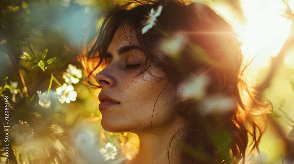 Portrait of s young in a dreamy state in a scene filled with natural light