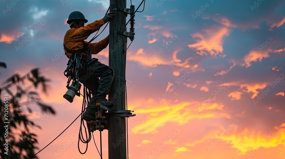 Obraz premium Electrical worker working on a power pole