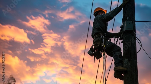 Electrical worker working on a power pole