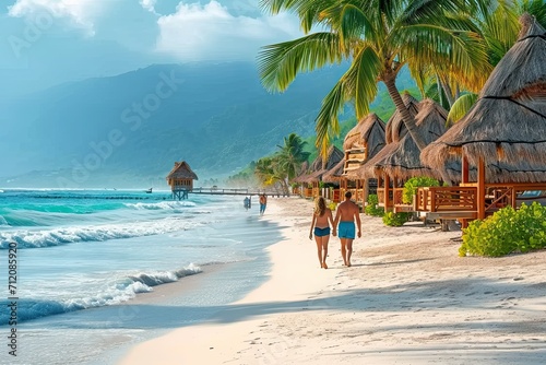 Tropical beach paradise with blue sea and beautiful summer landscape perfect travel sunny sand coast and ocean island resort for relaxation and happiness in nature horizontal showcasing tourism