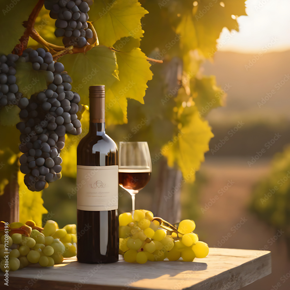 red wine and grapes in golden hour 