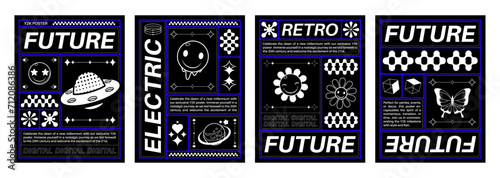 Poster design in y2k style with cute simple minimal sticker elements - space planet and ufo, butterfly and smiling faces, flowers and hearts. Vector set of trendy 2000s retro aesthetic black banner.