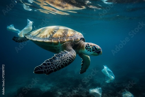 A sea turtle swimming amidst plastic waste. Generative AI © Aeris