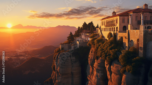 A cliffside monastery in Greece with a serene sunrise photo