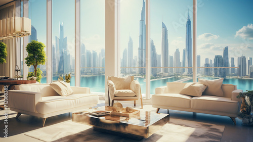 A high-rise luxury apartment in Dubai gleaming in the sun light photo