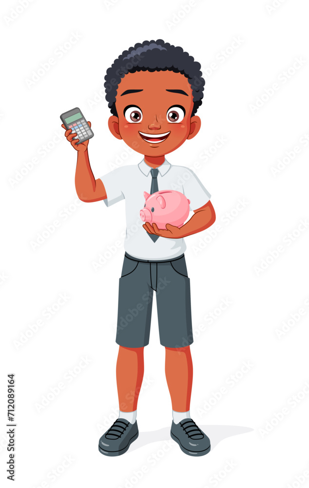 African American boy with piggy bank and calculator. Smart kid saving money for future. Isolated vector illustration. African American boy with piggy bank and calculator. Smart kid saving money for future. Isolated vector illustration.