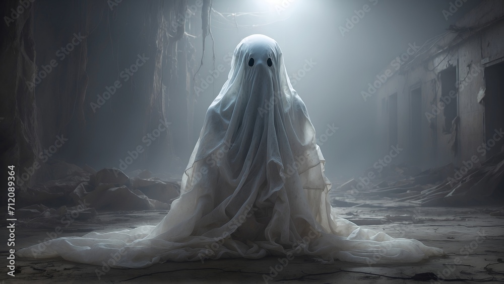 In the eerie stillness of a post-apocalyptic world, a spectral plush ghost floats, its translucent form merging with the desolate surroundings. In the eerie stillness of a post-apocalyptic world, a spectral plush ghost floats, its translucent form merging with the desolate surroundings.