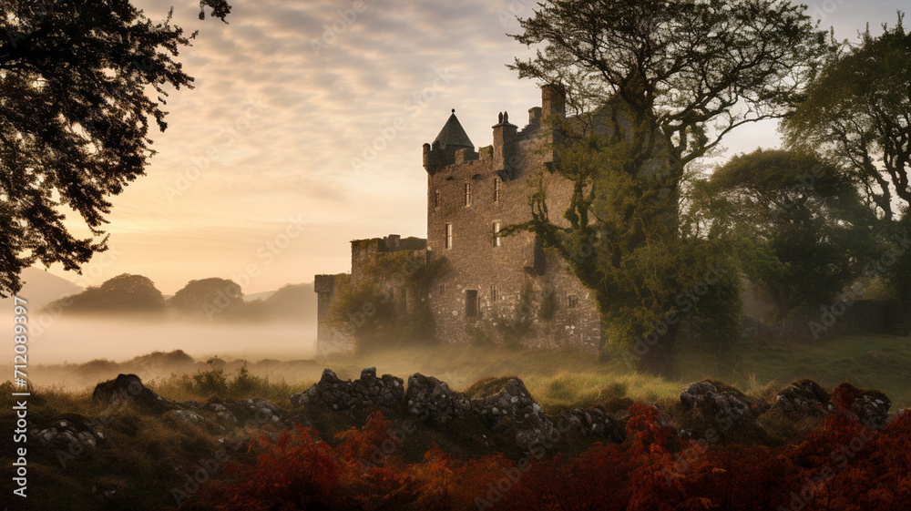 A medieval castle restoration in Scotland on a foggy historic