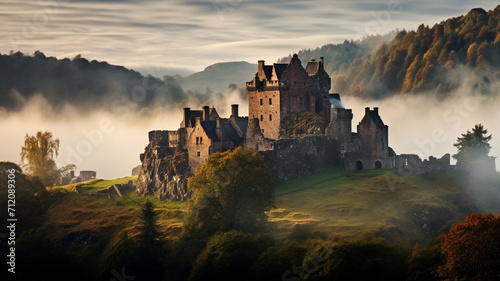 A medieval castle restoration in Scotland on a foggy building photo