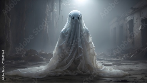 In the eerie stillness of a post-apocalyptic world, a spectral plush ghost floats, its translucent form merging with the desolate surroundings. 
