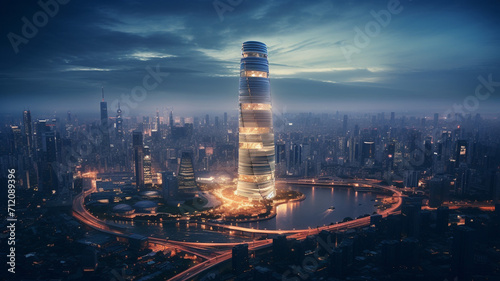 A modern skyscraper cylindrical office tower in Shanghai lit up