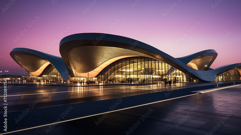 A sleek space-age airport terminal in Doha bustling - obrazy, fototapety, plakaty 