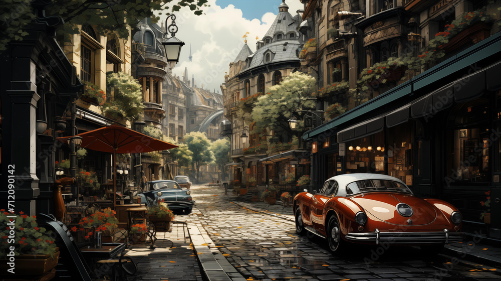 A classic red vintage car parked on a cobblestone street lined with quaint European-style buildings and outdoor cafes.