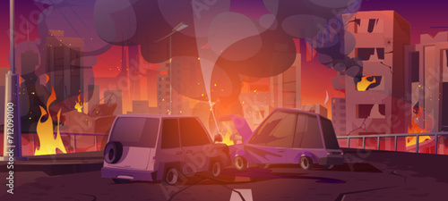 Car crash on street of city at war. Vector cartoon illustration of collided autos burning on road, fire flame and smoke in windows of damaged buildings, shelling attack aftermath, destroyed town