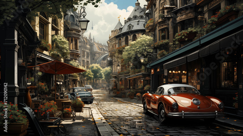 A classic red vintage car parked on a cobblestone street lined with quaint European-style buildings and outdoor cafes.