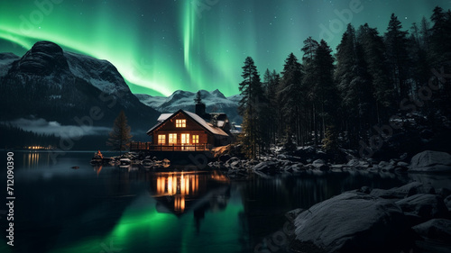 A traditional wooden lodge in the Norwegian fjords photo