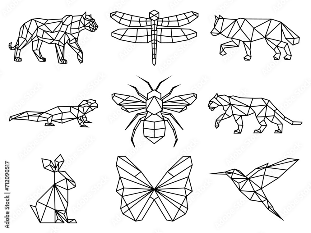 Fototapeta premium Set of Geometric abstract animals. Trendy mono line vector design