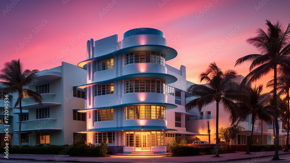 Obraz premium An art deco hotel on Miami Beach with a colorful sun and palm