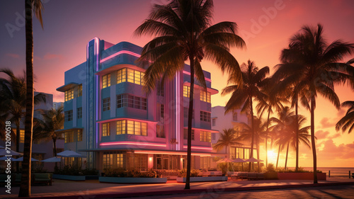An art deco hotel on Miami Beach with a colorful sun photo