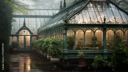 An elegant Victorian greenhouse in London on a rainy