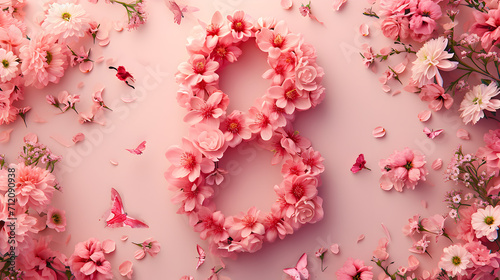 a banner celebrating International Women's Day with the number 8 delicately embellished with pink floral motifs, evoking a sense of femininity and empowerment