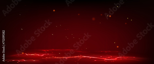 Crack ground or floor with red light glowing. Realistic vector illustration of broken molten volcanic terrain with fracture crash, bright energy burn lightening, floating flare sparkles and smoke.