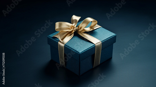 Small Luxury Gift Box in Dark Blue, Side View with Blue Bow, Ideal for Fathers Day or Valentines, Corporate Gift Concept, Birthday Party, Festive Sale Copy Space