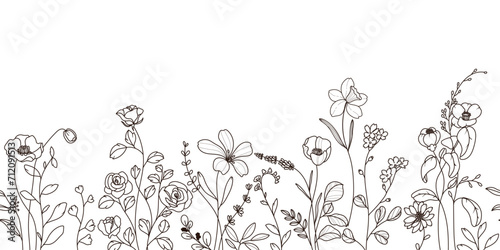 minimal line flower and botanical graphic sketch drawing, trendy tiny tattoo design, floral elements vector illustration