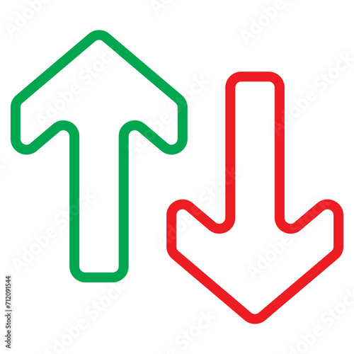 Simple up and down arrows. Upward, downward arrows in green and red. Used in various webs ,templeates etc. Isolated in white background in eps 10.