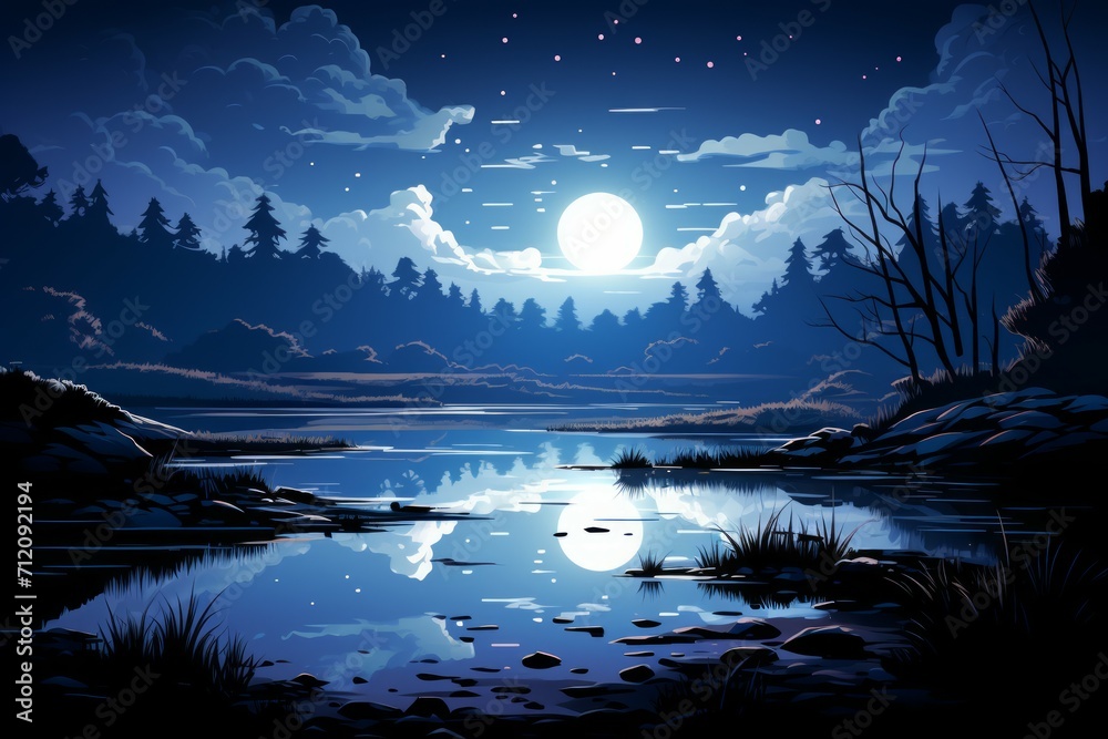 Tranquil moonlit ponds, reflecting the serenity of the night sky - Generative AI Tranquil moonlit ponds, reflecting the serenity of the night sky - Generative AI