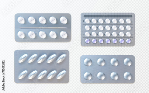 3D set of pill blister mockups isolated on transparent background. Vector realistic illustration of foil packages with tablets and capsules, medical therapy prescription, pharmaceutical products