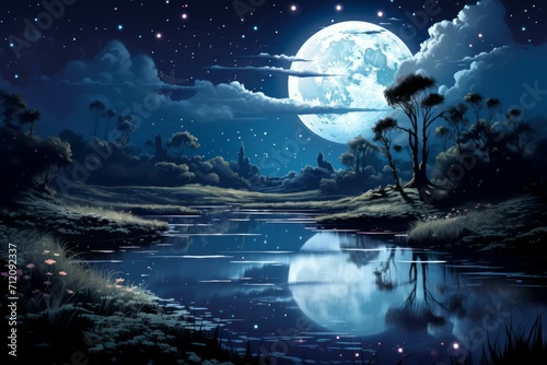 Tranquil moonlit ponds, reflecting the serenity of the night sky - Generative AI © Sidewaypics