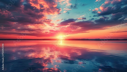 Sunset Reflections: Clouds Reflected in Water, Dark Pink and Light Aquamarine Palette, Serene Twilight, Tranquil Waterscape, Evening Sky Tranquility 