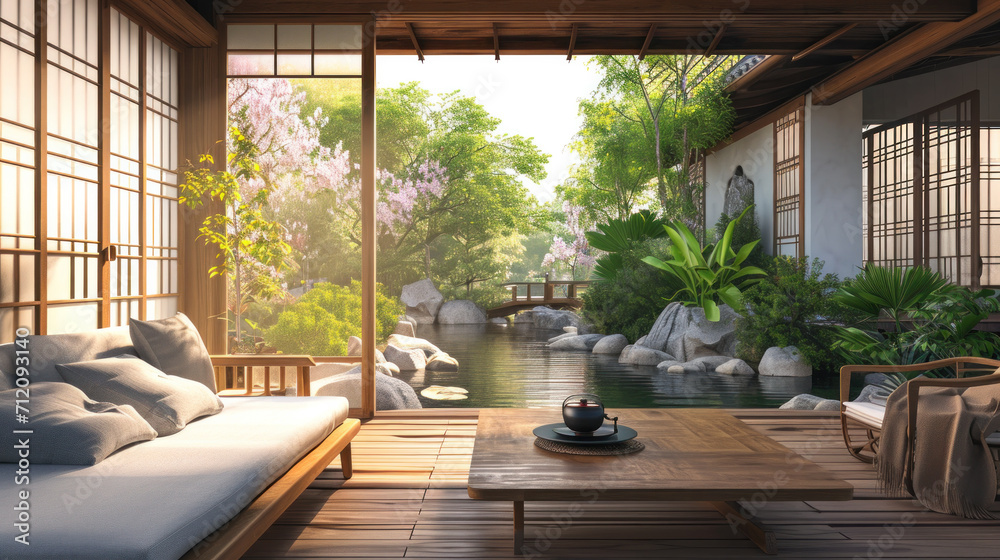 Fototapeta premium A beautiful patio with a small stone fountain, trimmed thuja and summer wicker furniture. Concept of summer space design.