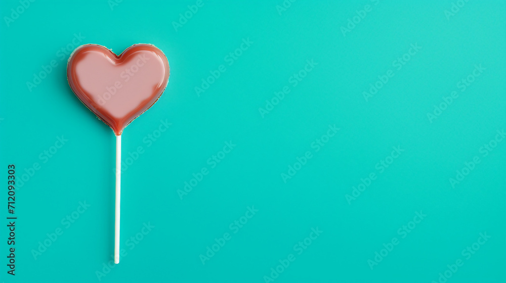 Captivating Valentine's Day Concept with Heart Shaped Lollipop on Turquoise Background, Inviting Love and Joy, Perfect for Romantic Celebrations and Sweet Gestures