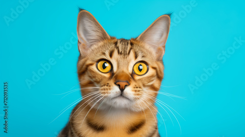 Closeup portrait of Bengal cat on blue Isolated background looking in camera. Kitty posing at camera on blue background, front view. Cute cat sitting in front of colored background with copy space. 
