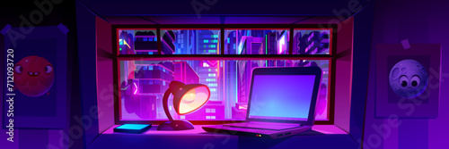 View on night city with neon glow through window of cozy home room with laptop, mobile phone and desk lamp on windowsill. Cartoon vector modern downtown scenery with skyscraper from inside appartement