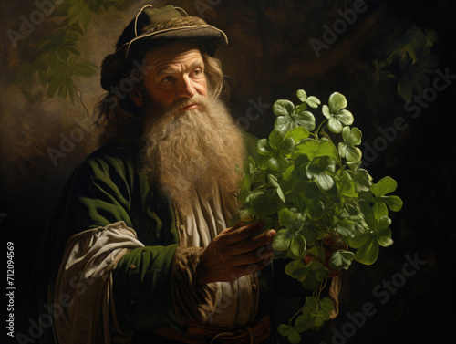 Saint Patrick dressed as a leprechaun holds a clover in his hands AI