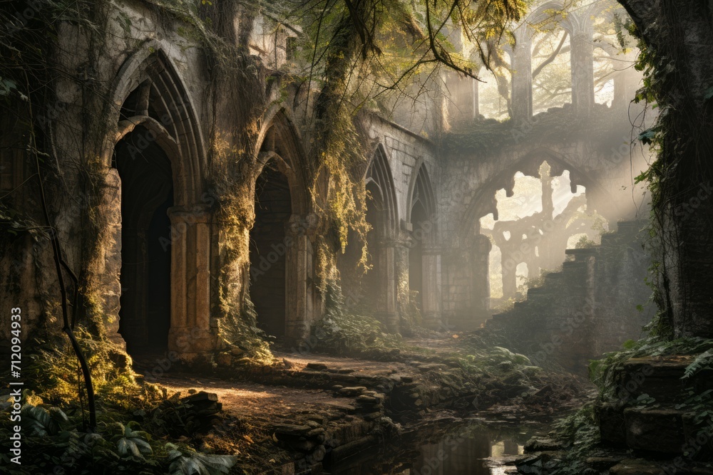 Fototapeta premium Enigmatic misty ruins, holding ancient secrets and forgotten knowledge - Generative AI