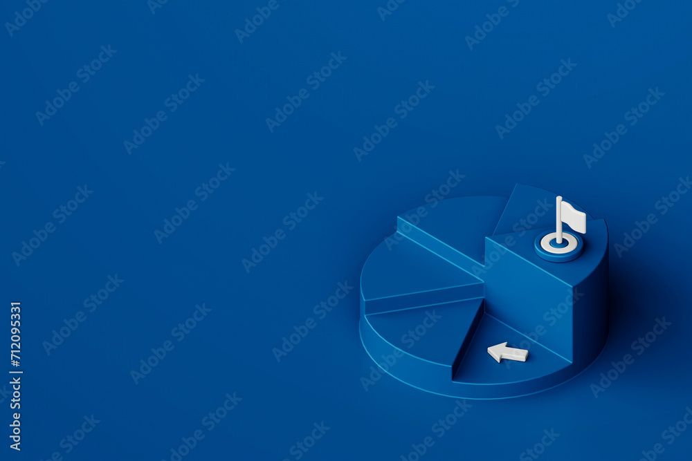White arrow on step stair circle shape with target flag on blue background, business way concept, 3d rendering