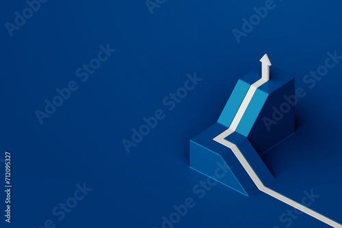 White arrow flowing on ramp pathway with blue background, business way concept, minimal style, 3d rendering photo
