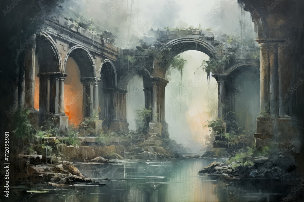 Enigmatic misty ruins, holding ancient secrets and forgotten knowledge - Generative AI