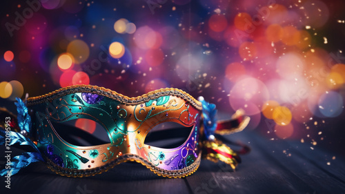 carnival mask with colorful and abstract defocused bokeh lights