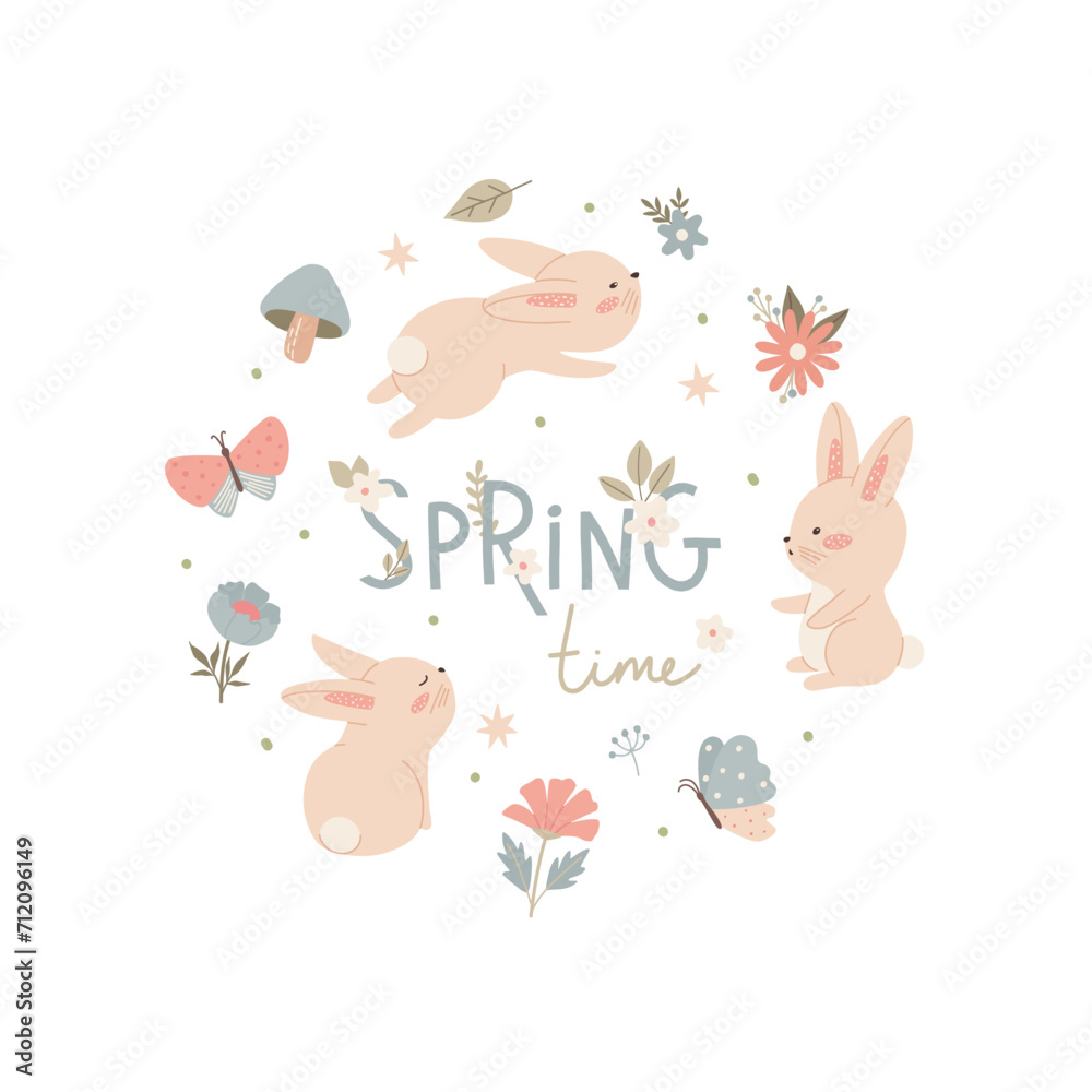 Cute bunny with flowers butterfly and text spring. Childish little baby rabbit composition for design and kids print on t-shirt. Simple isolated vector illustration. Cute bunny with flowers butterfly and text spring. Childish little baby rabbit composition for design and kids print on t-shirt. Simple isolated vector illustration.