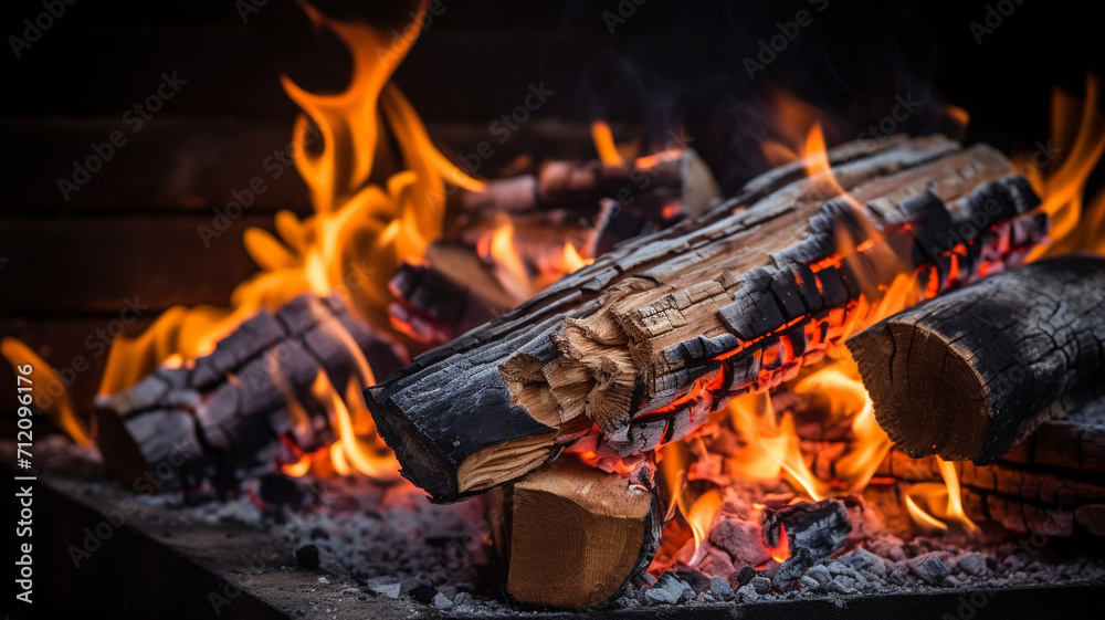 close up of burning firewood in a barbecue on black background close up of burning firewood in a barbecue on black background