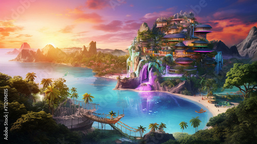 Iridescent Isle A shimmering rainbow colored resort © BornHappy