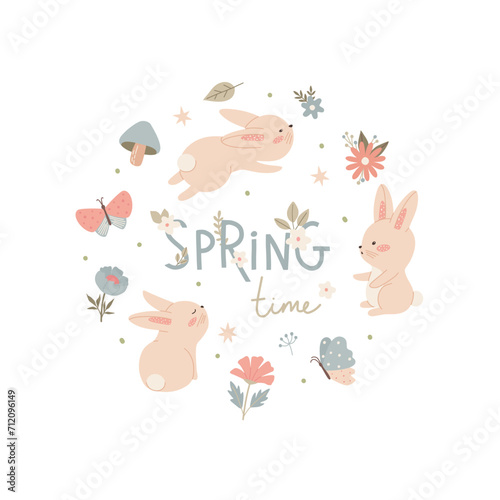 Cute bunny with flowers butterfly and text spring. Childish little baby rabbit composition for design and kids print on t-shirt. Simple isolated vector illustration.